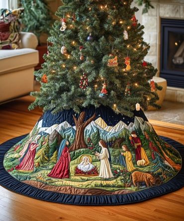 Mountainside Nativity Holiday Tree Skirt — Handmade Rustic Manger Scene With Mountain Backdrop, Custom Sizes & Durable Finish