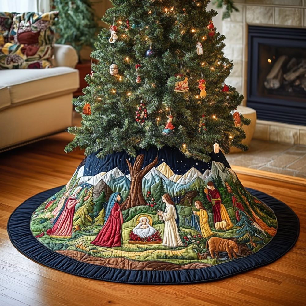 Mountainside Nativity Holiday Tree Skirt — Handmade Rustic Manger Scene With Mountain Backdrop, Custom Sizes & Durable Finish