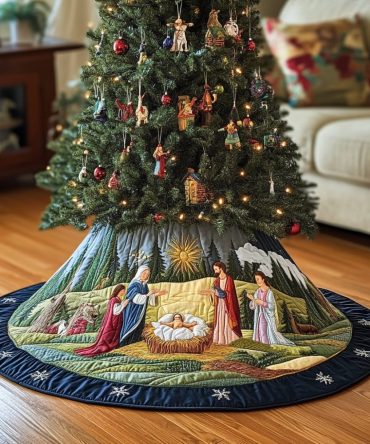 Alpine Pines Nativity Christmas Tree Skirt — Hand-Stitched Mountain Manger Scene On Cozy Fabric, Custom Sizes & Finishes