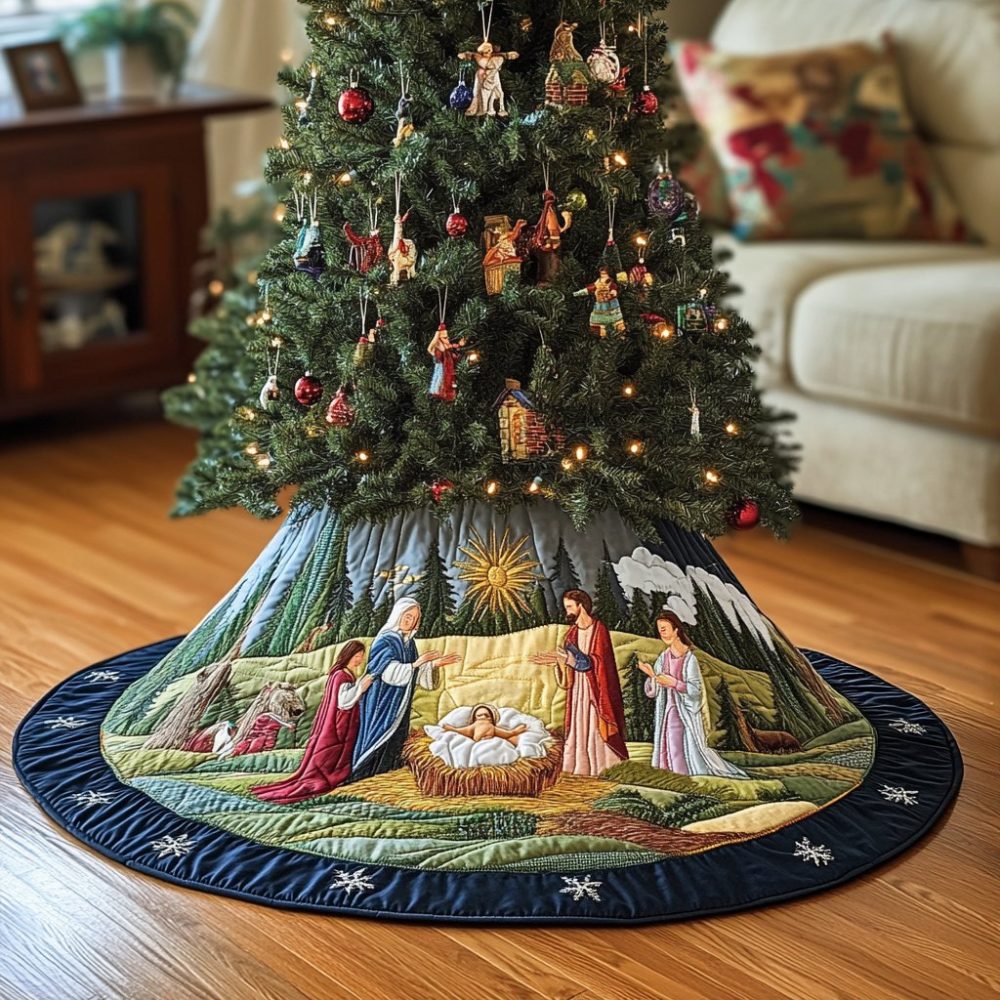 Alpine Pines Nativity Christmas Tree Skirt — Hand-Stitched Mountain Manger Scene On Cozy Fabric, Custom Sizes & Finishes