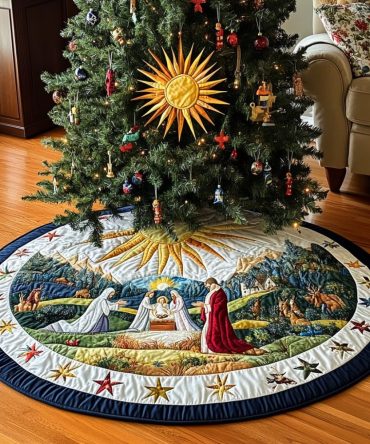 Ivory Sunburst Nativity Tree Skirt — Elegant Handmade Ivory Skirt With Radiant Sun Motif & Manger Scene, Custom Sizing