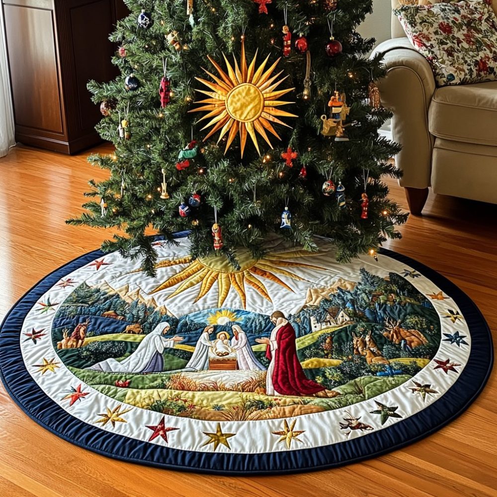 Ivory Sunburst Nativity Tree Skirt — Elegant Handmade Ivory Skirt With Radiant Sun Motif & Manger Scene, Custom Sizing