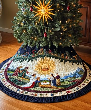 Plum Star Nativity Christmas Tree Skirt — Handmade Deep Plum Manger Scene With Guiding Star, Custom Holiday Décor