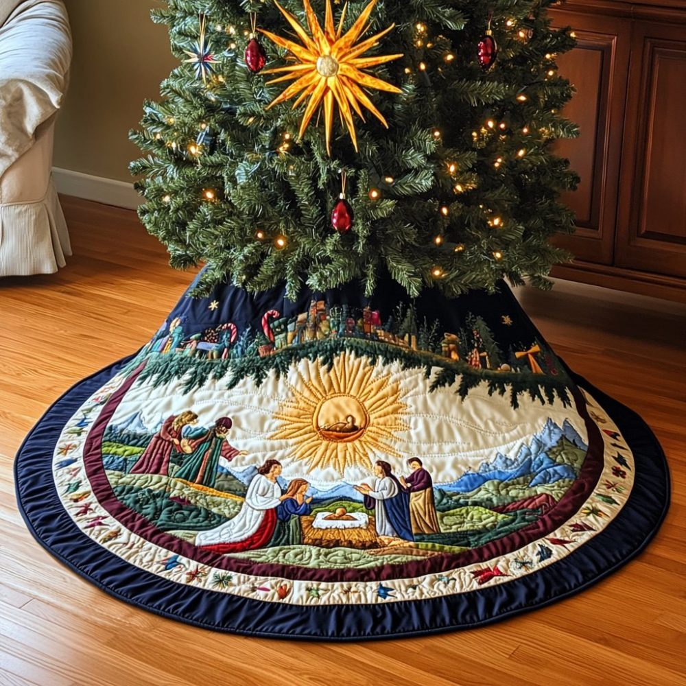 Plum Star Nativity Christmas Tree Skirt — Handmade Deep Plum Manger Scene With Guiding Star, Custom Holiday Décor