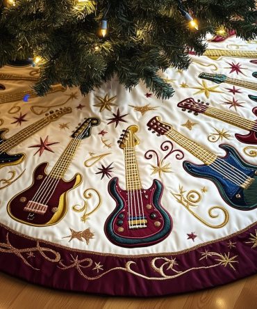 Handcrafted Burgundy-Trim Guitar Tree Skirt For Music Lovers — Premium Quilted Holiday Tree Base, Custom-Sized Festive Decor