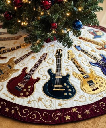 Wine & Gold Guitar Holiday Tree Skirt On Cream Background — Premium Custom-Made Music Lover Christmas Skirt, Limited Runs & Personalization