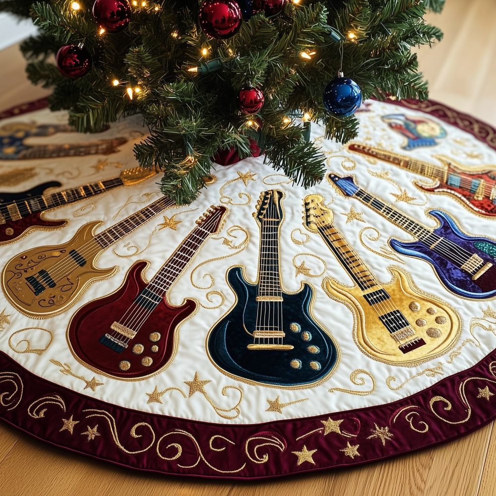 Wine & Gold Guitar Holiday Tree Skirt On Cream Background — Premium Custom-Made Music Lover Christmas Skirt, Limited Runs & Personalization