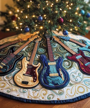 Blue Swirl Ground Christmas Tree Skirt With Guitar Motif — Handcrafted Holiday Skirt For Music Lovers, Custom Orders & Fast Turnaround