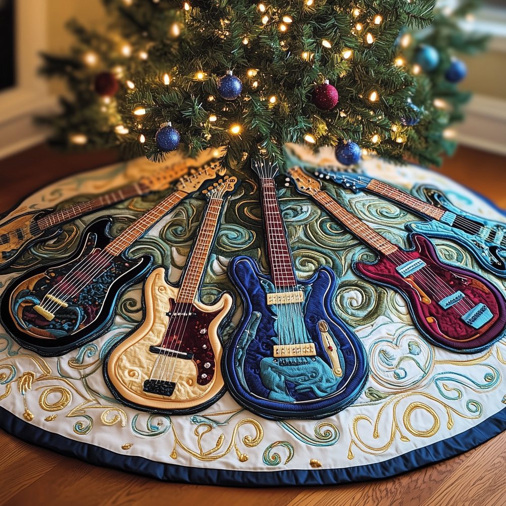 Blue Swirl Ground Christmas Tree Skirt With Guitar Motif — Handcrafted Holiday Skirt For Music Lovers, Custom Orders & Fast Turnaround
