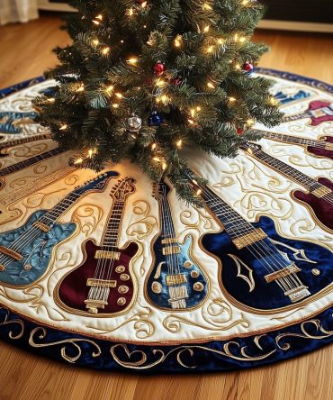 Amber & Navy Guitar Pattern Christmas Tree Skirt — Custom Handmade Holiday Skirt For Music Fans, Durable Fabric & Personalized Options