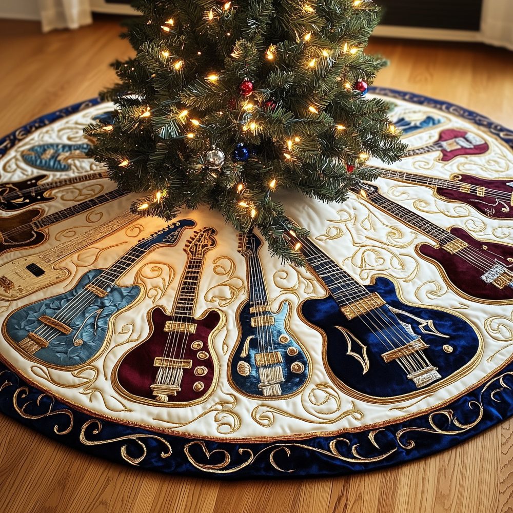 Amber & Navy Guitar Pattern Christmas Tree Skirt — Custom Handmade Holiday Skirt For Music Fans, Durable Fabric & Personalized Options