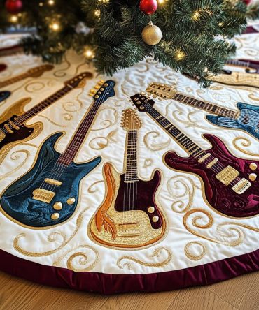 Cream Guitar Christmas Tree Skirt With Gold Swirl Accents — Elegant Music-Themed Holiday Skirt, Custom Sizing & Handcrafted Finish