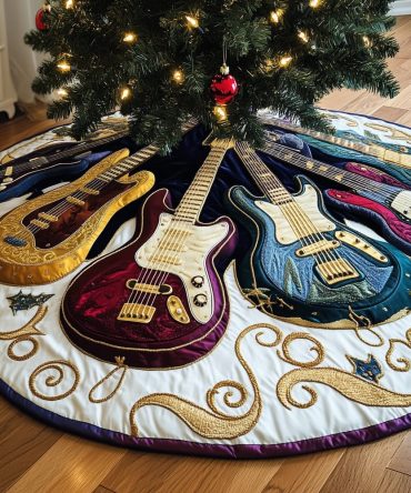 Burgundy & Blue Guitar-Themed Christmas Tree Skirt — Unique Music Lover Holiday Skirt, Custom-Made, Handcrafted & Ready For Gift Giving