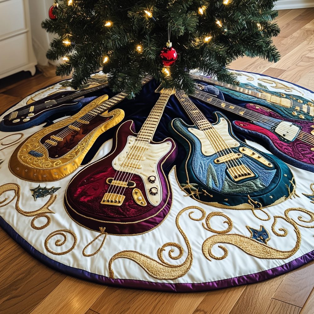 Burgundy & Blue Guitar-Themed Christmas Tree Skirt — Unique Music Lover Holiday Skirt, Custom-Made, Handcrafted & Ready For Gift Giving
