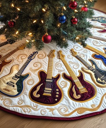 Cream Christmas Tree Skirt With Gold-Neck Guitar Motif — Luxurious Music Lover Holiday Skirt, Handcrafted & Made-To-Order For Elegant Trees