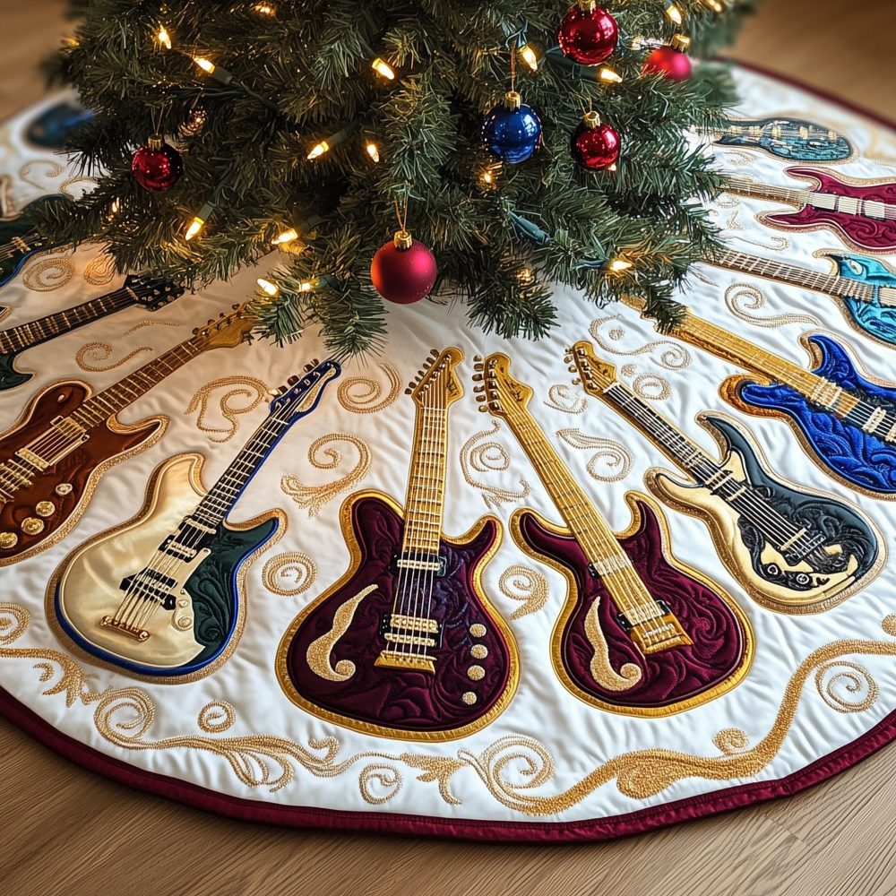 Cream Christmas Tree Skirt With Gold-Neck Guitar Motif — Luxurious Music Lover Holiday Skirt, Handcrafted & Made-To-Order For Elegant Trees