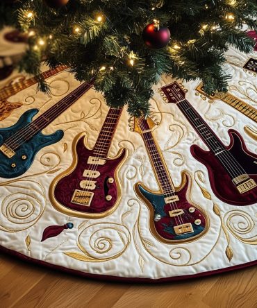 Wine & Teal Guitar Design On Cream Holiday Tree Skirt — Custom Handmade Music-Themed Christmas Skirt, Perfect Gift For Musicians