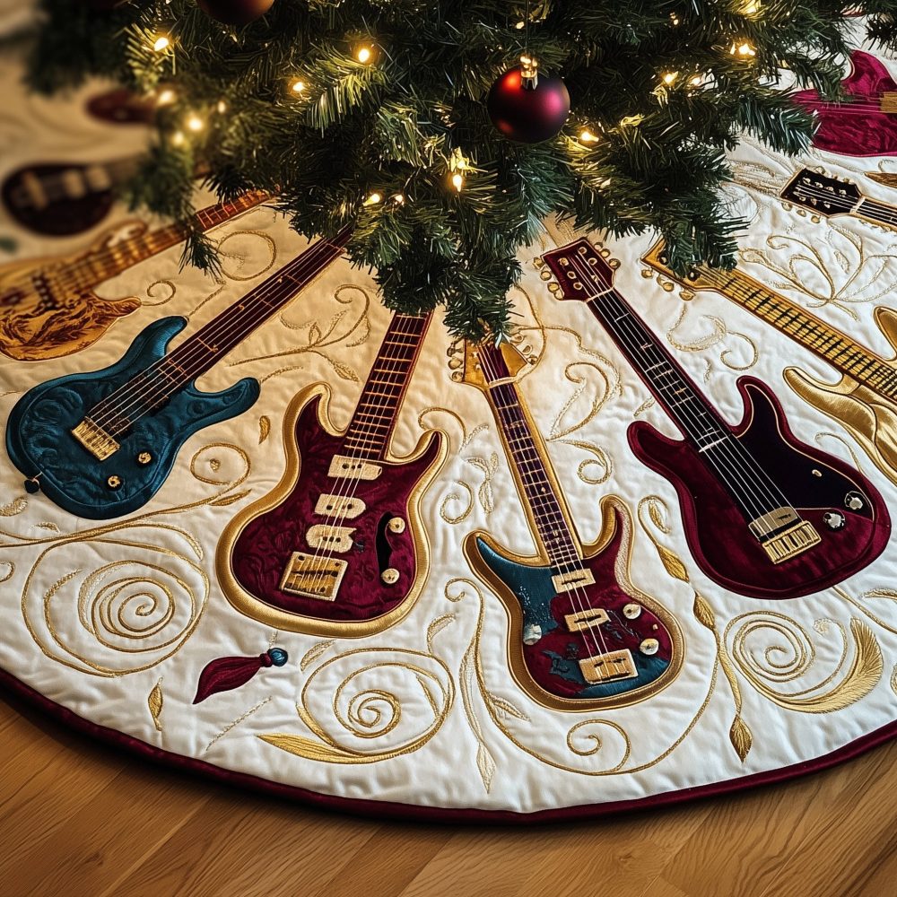 Wine & Teal Guitar Design On Cream Holiday Tree Skirt — Custom Handmade Music-Themed Christmas Skirt, Perfect Gift For Musicians