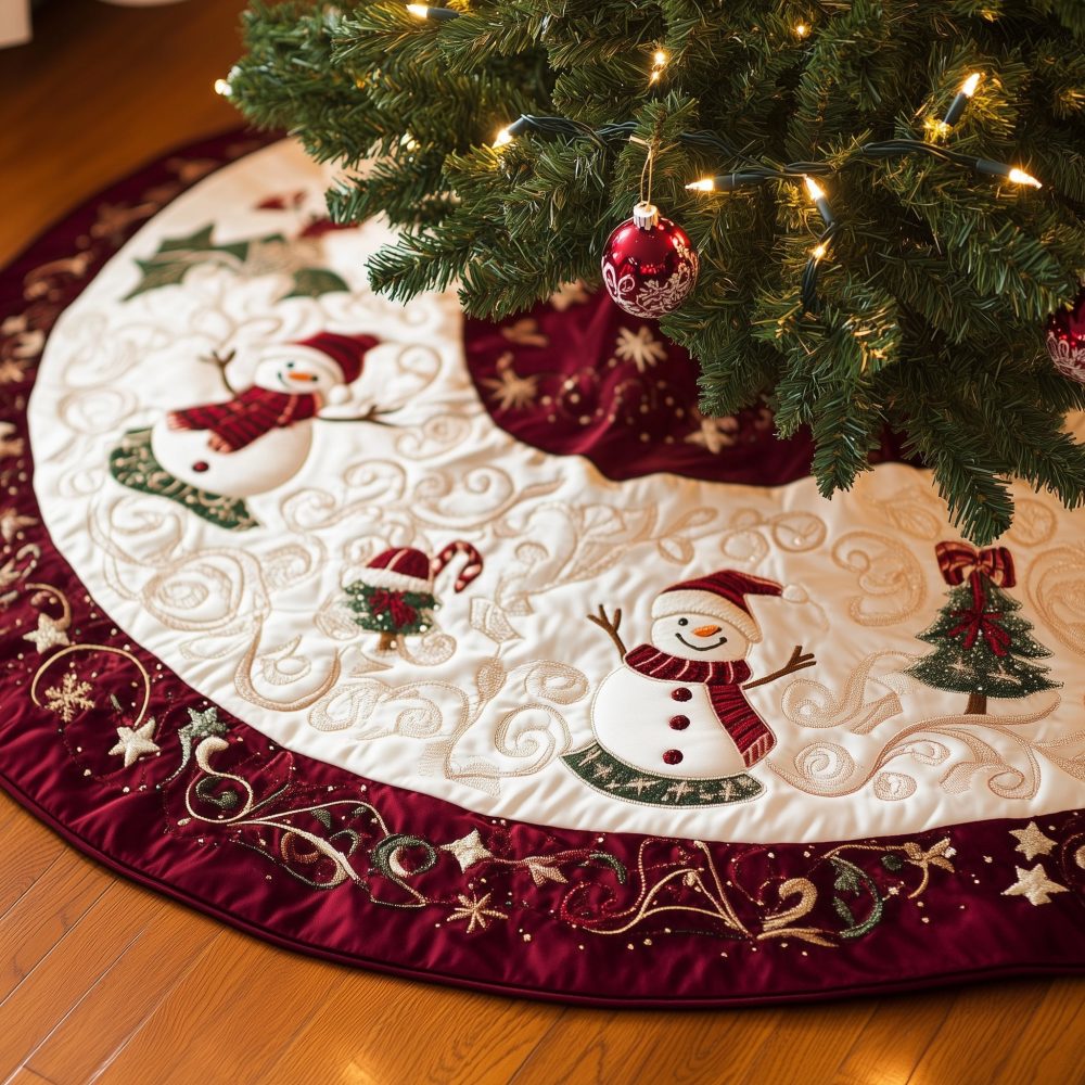 Cream Christmas Tree Skirt With Classic Snowman & Red Border — Custom Handmade Holiday Skirt, Perfect For Traditional Decor & Gifting