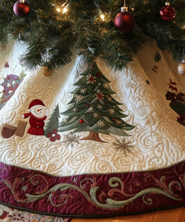 Festive Christmas Tree Skirt Featuring Santa Next To Pine Tree — Custom Handmade Holiday Skirt, Personalized Sizing & Fast Shipping