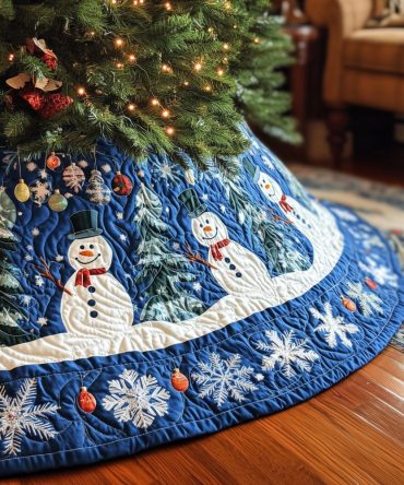 Blue Snowflake Christmas Tree Skirt With Joyful Snowmen — Custom Holiday Tree Skirt, Made-To-Order & Machine Washable For Easy Care