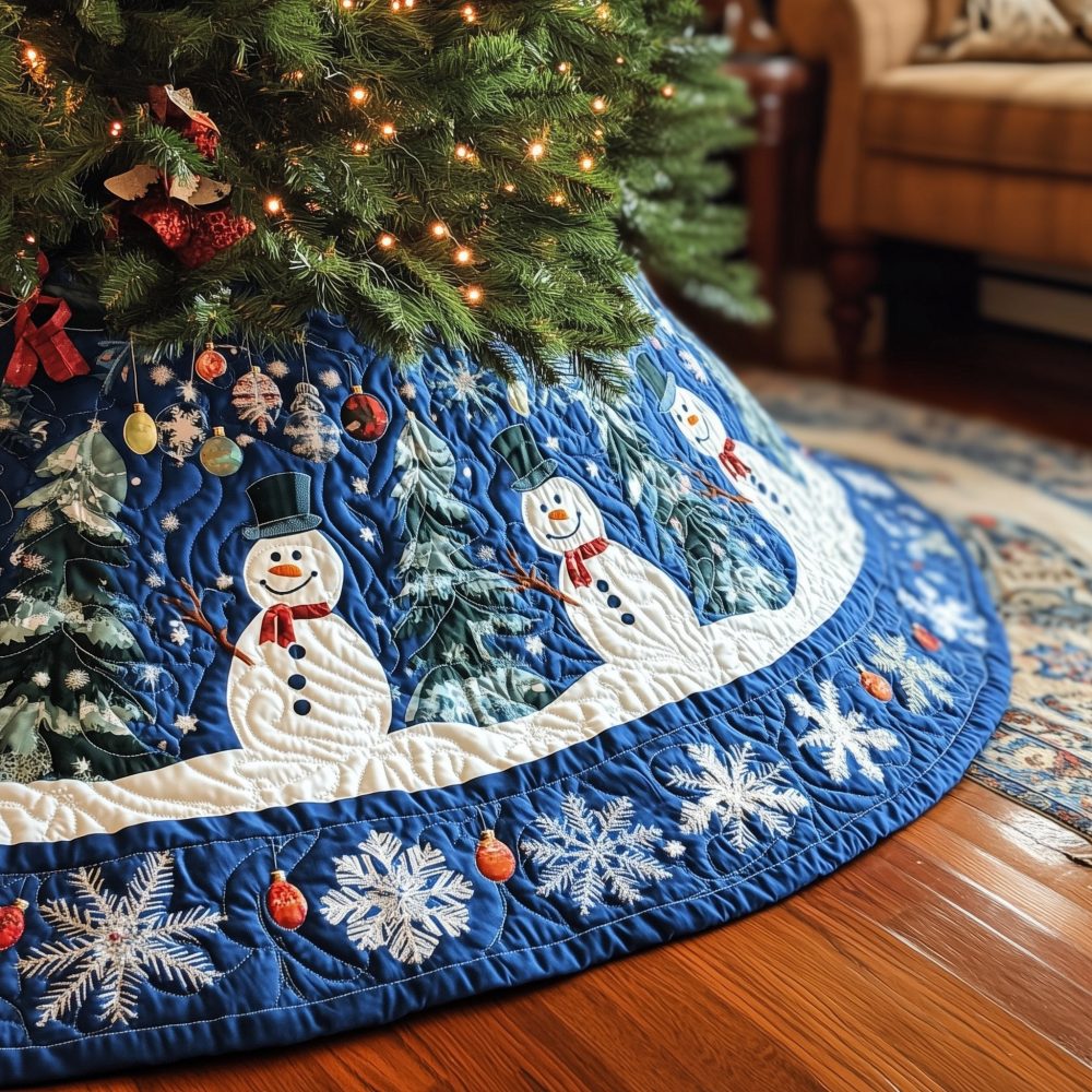 Blue Snowflake Christmas Tree Skirt With Joyful Snowmen — Custom Holiday Tree Skirt, Made-To-Order & Machine Washable For Easy Care