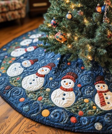 Blue Swirl Christmas Tree Skirt With Playful Snowmen Scene — Handcrafted Holiday Tree Skirt, Made-To-Order With Custom Size Options