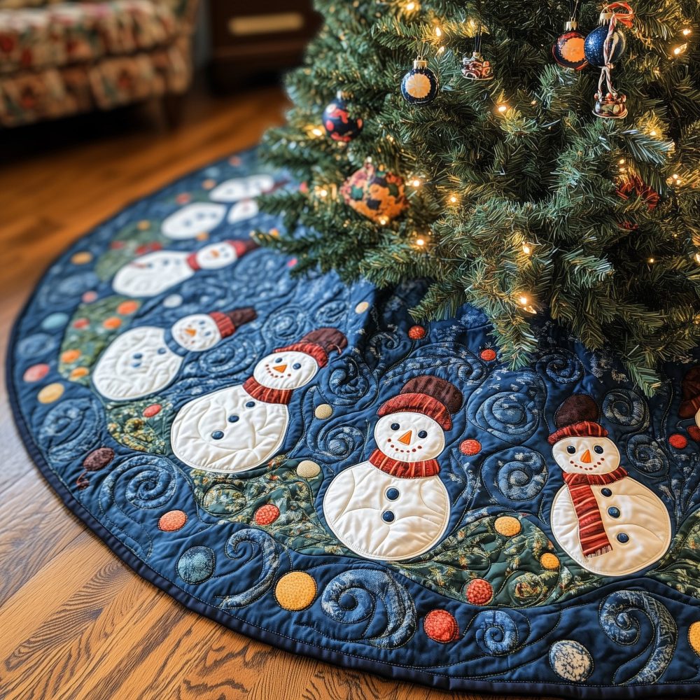 Blue Swirl Christmas Tree Skirt With Playful Snowmen Scene — Handcrafted Holiday Tree Skirt, Made-To-Order With Custom Size Options