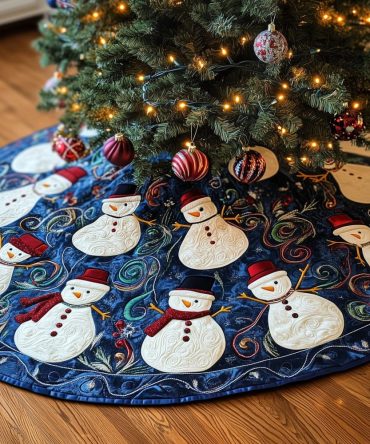 Navy Christmas Tree Skirt With Cheerful Snowmen In Red Hats — Custom Quilted Holiday Decor For Families & Kids, Made-To-Order