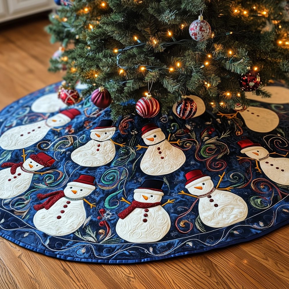 Navy Christmas Tree Skirt With Cheerful Snowmen In Red Hats — Custom Quilted Holiday Decor For Families & Kids, Made-To-Order
