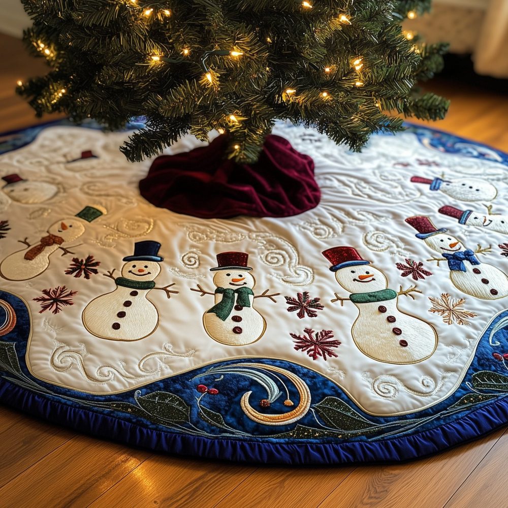 Classic Cream Holiday Tree Skirt Featuring Top-Hat Snowmen — Premium Made-To-Order Christmas Tree Skirt, Custom Sizing & Personalization
