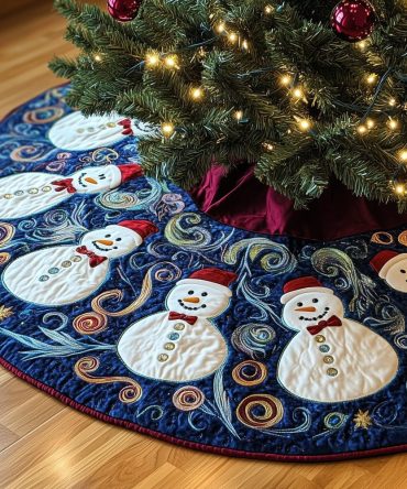Festive Navy Christmas Tree Skirt With Cheerful Snowmen & White Swirl Accents — Custom Holiday Decor, Made-To-Order & Photo-Ready