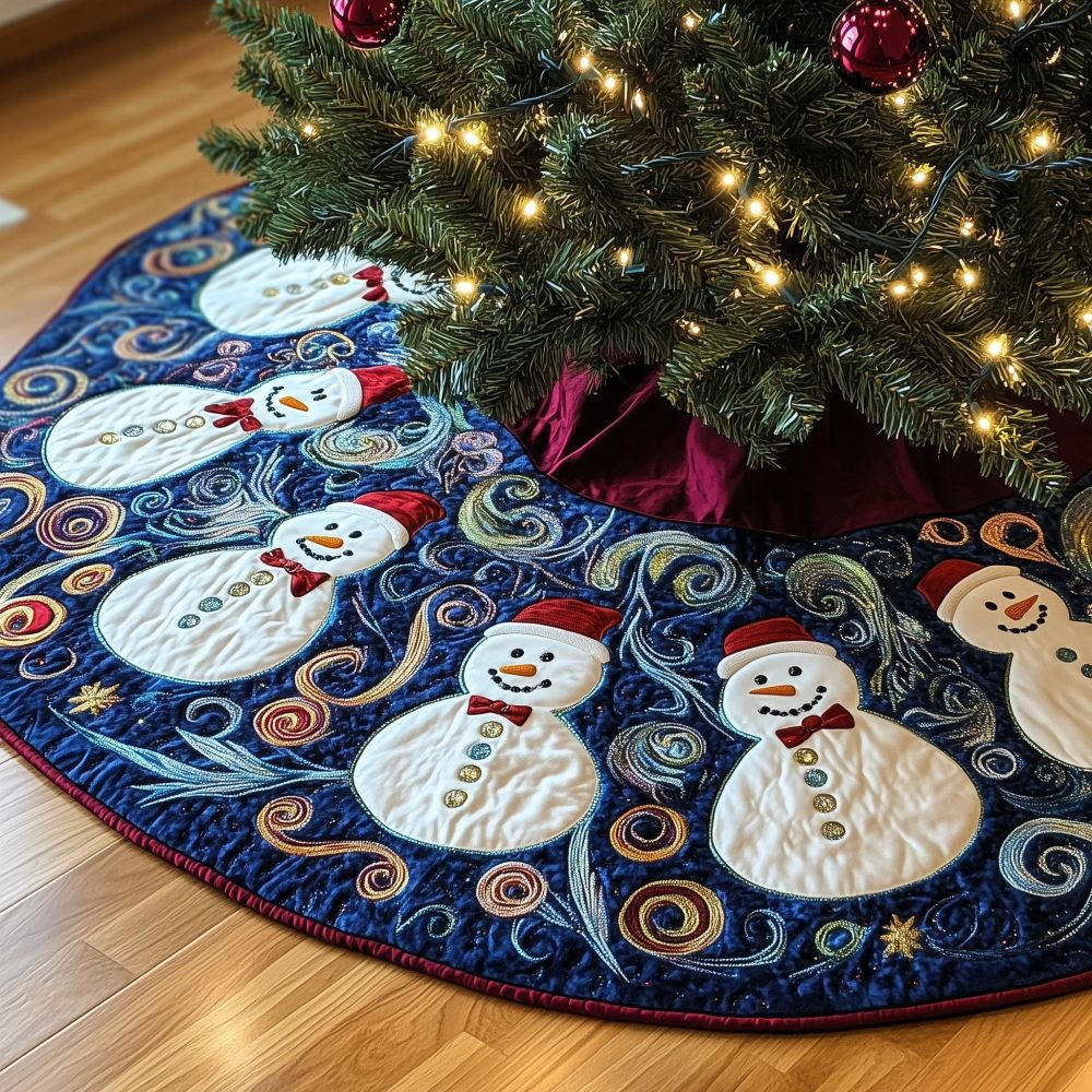 Festive Navy Christmas Tree Skirt With Cheerful Snowmen & White Swirl Accents — Custom Holiday Decor, Made-To-Order & Photo-Ready