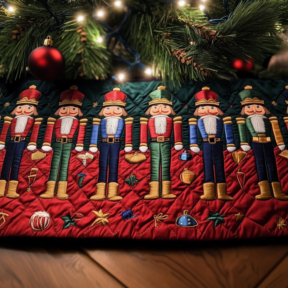 Crimson Hem Nutcracker Line Christmas Tree Skirt — Premium Custom Tree Skirt, Made-To-Order For Luxurious Holiday Displays