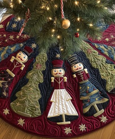 Wine Star Panel Nutcrackers Tree Skirt — Elegant Quilted Christmas Skirt With Nutcracker Motif On Rich Wine Fabric, Customizable Sizes