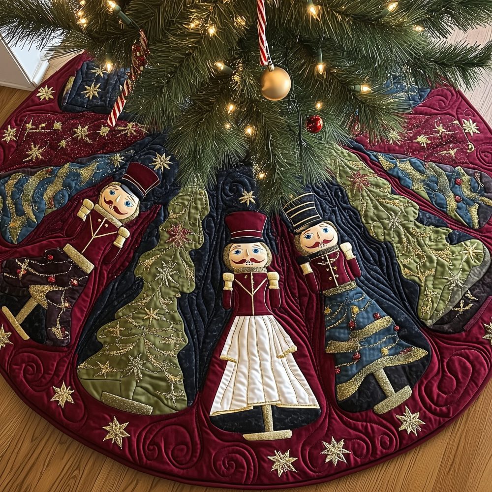 Wine Star Panel Nutcrackers Tree Skirt — Elegant Quilted Christmas Skirt With Nutcracker Motif On Rich Wine Fabric, Customizable Sizes