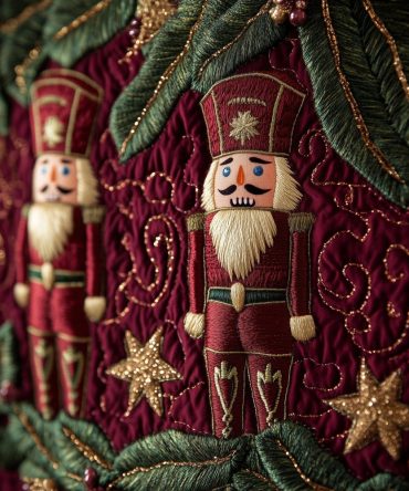 Burgundy Quilt Nutcracker Pair Tree Skirt — Classic Holiday Skirt With Twin Nutcrackers, Handmade Quilted & Custom Size Options
