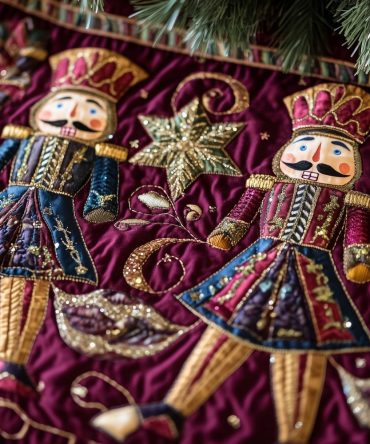 Jewelled Nutcracker Tree Skirt With Gold Stars — Luxurious Quilted Christmas Skirt, Hand-Appliquéd Details & Custom Sizing Available