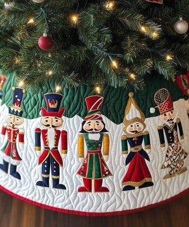 Custom Nutcracker Row Holiday Tree Skirt With Green Accent — Handcrafted Christmas Tree Skirt, Made-To-Order For Elegant Seasonal Decor