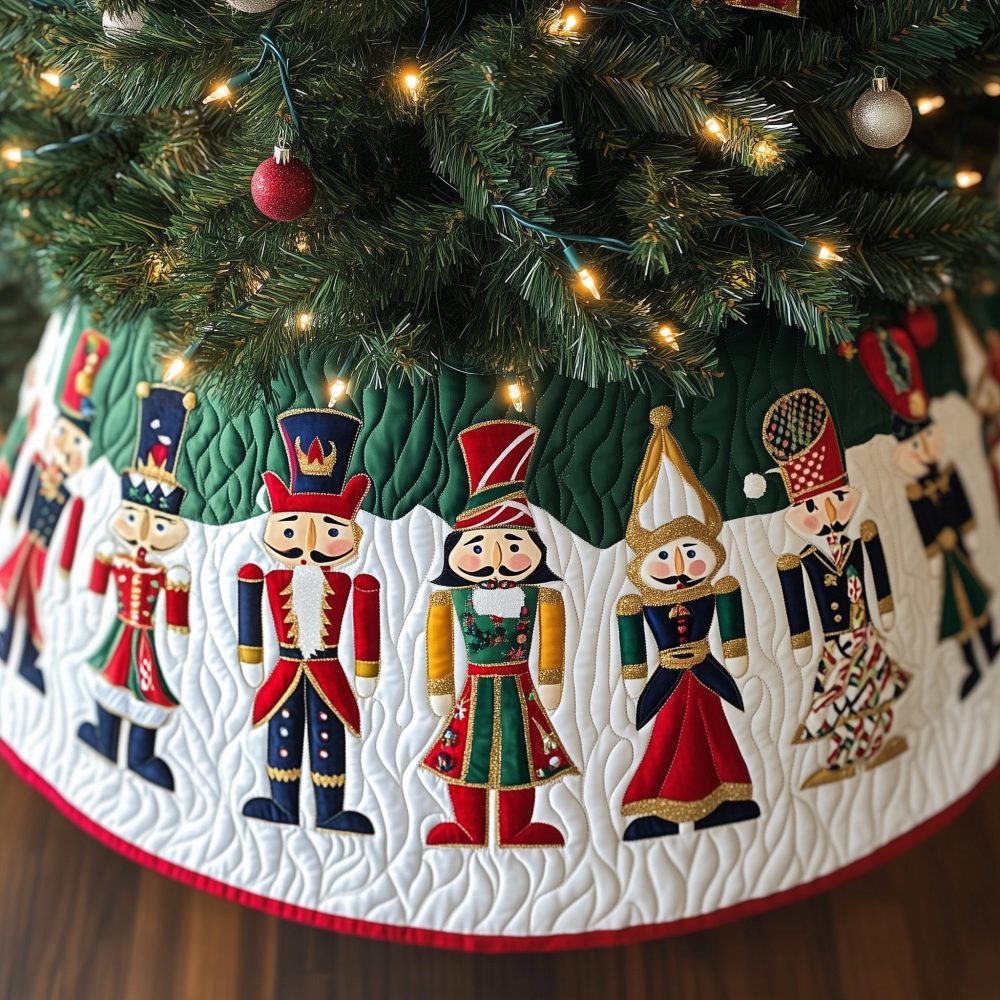 Custom Nutcracker Row Holiday Tree Skirt With Green Accent — Handcrafted Christmas Tree Skirt, Made-To-Order For Elegant Seasonal Decor