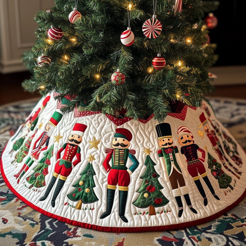 Nutcrackers Among Pines Tree Skirt — Classic Quilted Christmas Skirt With Nutcracker Scene, Hand-Appliquéd & Custom Sizing Options