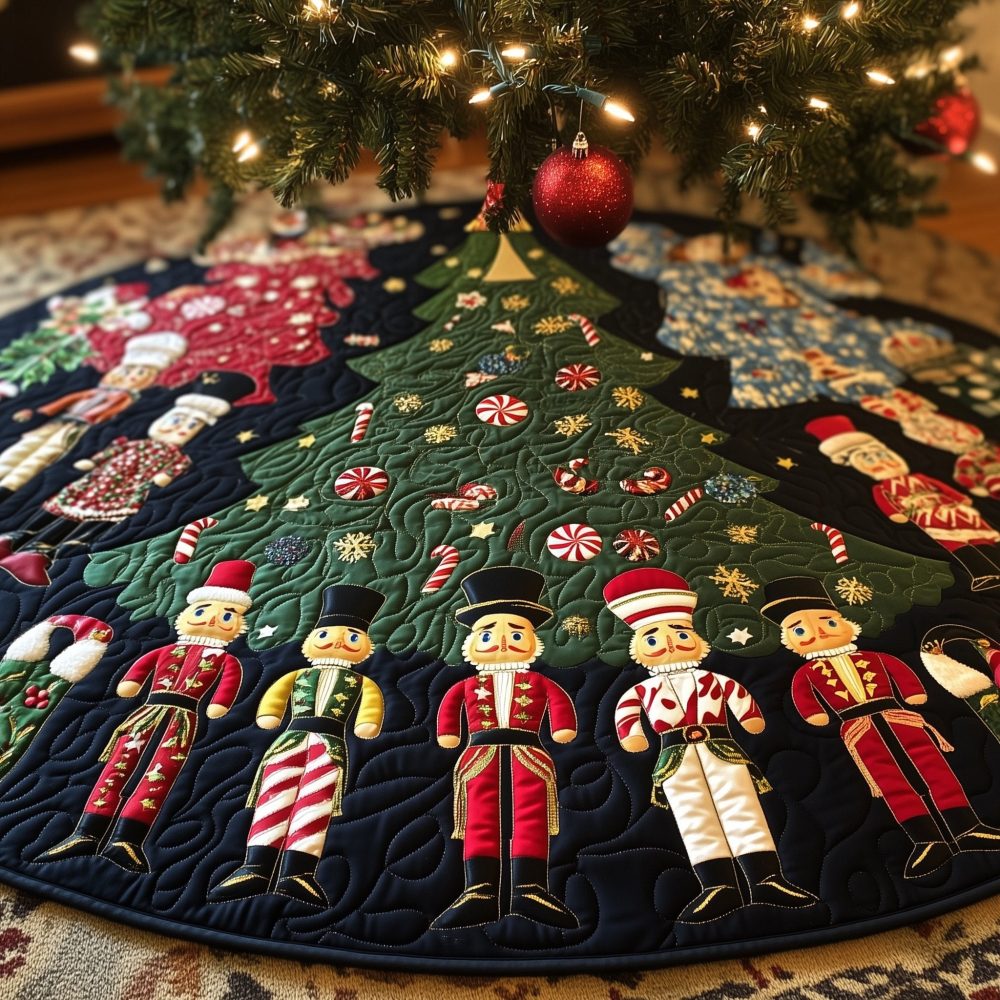 Emerald Wedge Nutcracker Tree Skirt — Vibrant Quilted Christmas Skirt With Nutcracker Accents, Custom-Made & Fully Lined For Display