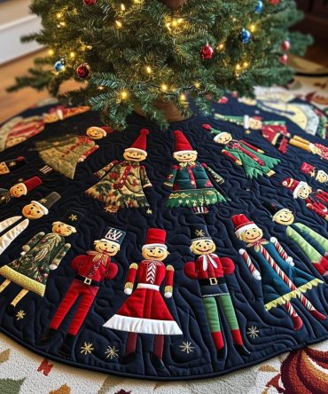 Navy Nutcracker Fan Tree Skirt — Dramatic Quilted Christmas Skirt With Nutcracker Fan Motif, Handmade & Custom Sizing Available