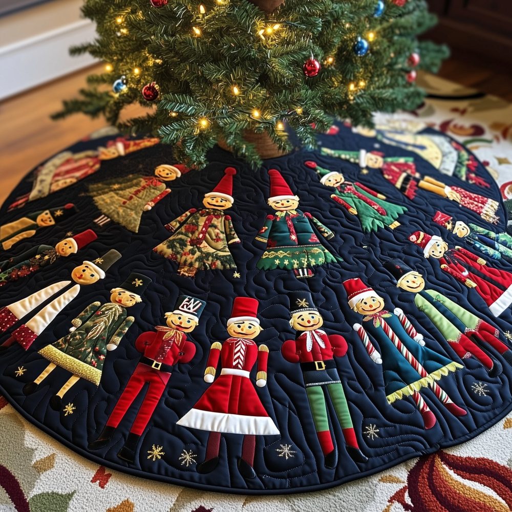 Navy Nutcracker Fan Tree Skirt — Dramatic Quilted Christmas Skirt With Nutcracker Fan Motif, Handmade & Custom Sizing Available