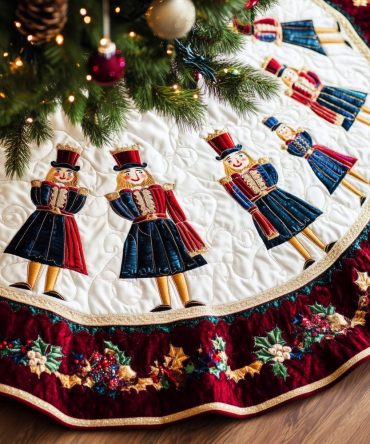 Floral Hem Nutcracker Quartet Tree Skirt — Decorative Quilted Christmas Skirt With Four Nutcrackers, Custom-Made & Lined For Durability