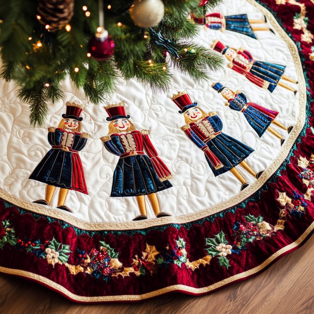 Floral Hem Nutcracker Quartet Tree Skirt — Decorative Quilted Christmas Skirt With Four Nutcrackers, Custom-Made & Lined For Durability