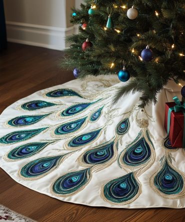 Handcrafted Cream Holiday Tree Skirt With Striking Teal Feather Pattern — Custom Christmas Tree Skirt, Made-To-Order & Gift-Ready