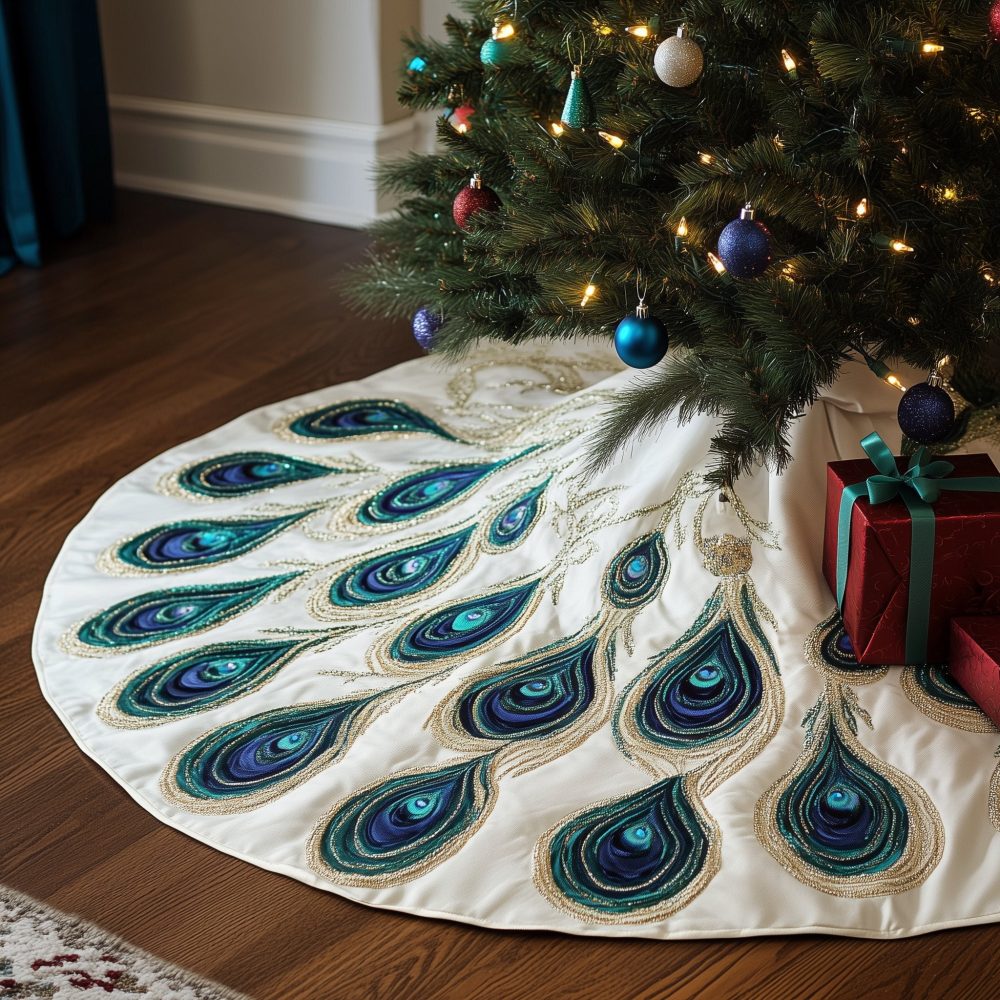 Handcrafted Cream Holiday Tree Skirt With Striking Teal Feather Pattern — Custom Christmas Tree Skirt, Made-To-Order & Gift-Ready