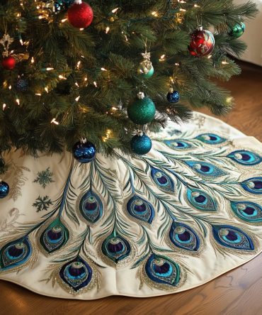Elegant White Christmas Tree Skirt With Peacock Tail Design — Custom Holiday Tree Skirt, Handmade & Made-To-Order For A Luxe Look