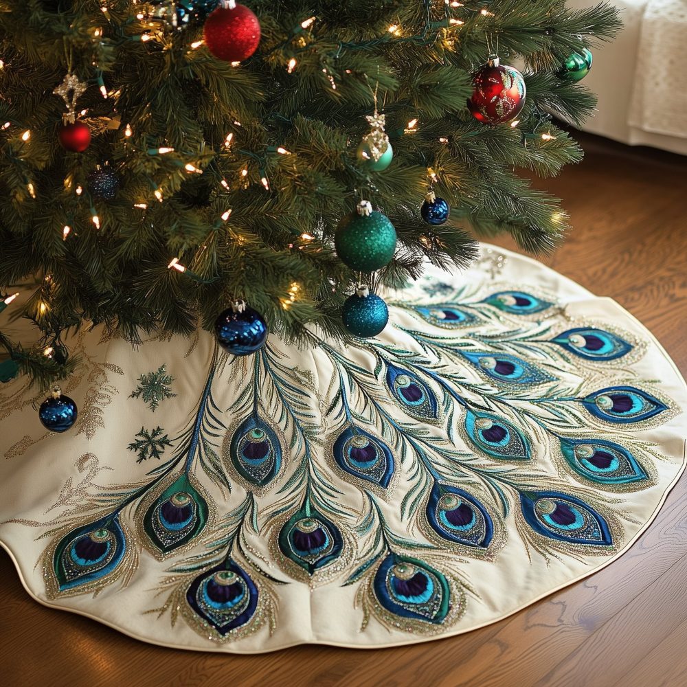 Elegant White Christmas Tree Skirt With Peacock Tail Design — Custom Holiday Tree Skirt, Handmade & Made-To-Order For A Luxe Look